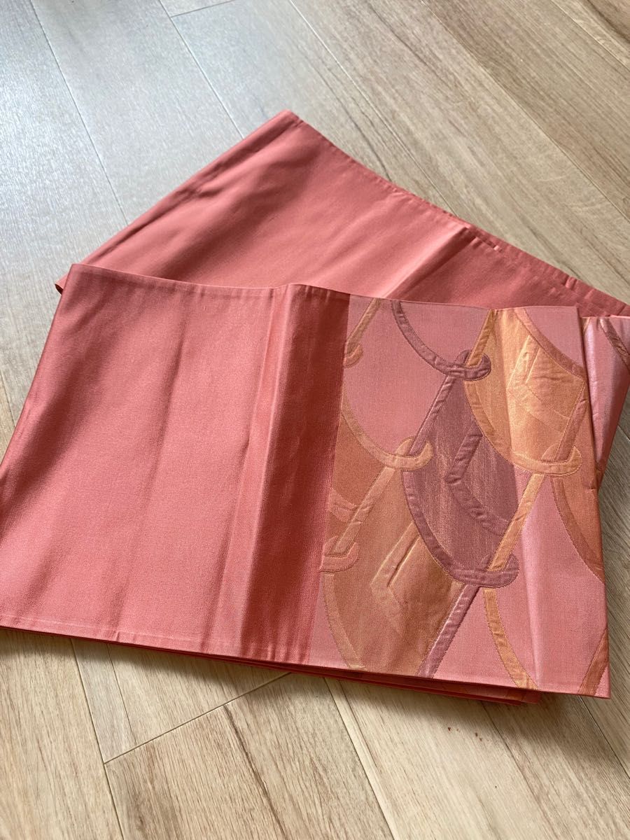 正絹　帯　袋帯　名古屋帯　コーラル　ピンク　オレンジ　くすみピンク