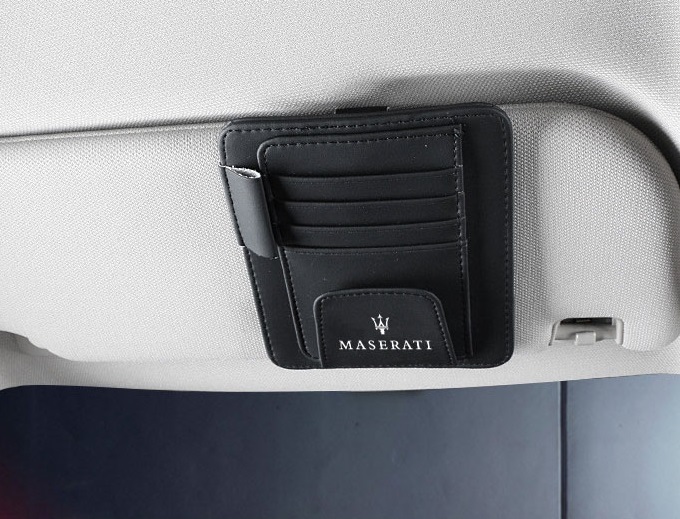 マセラティ Maserati車用 サンバイザーポケット サンバイザーケース 収納ホルダー スマホ サングラス カード 小物入れ メガネ収納 ブラック_画像3