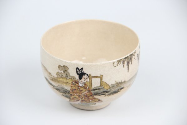3c4-32 京薩摩岡田暁山作薩摩茶碗金彩色絵茶碗(共箱共布)-日本代購代