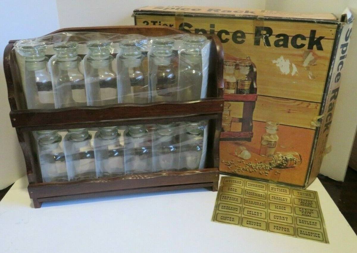 Vintage Wood Wall or Counter Rack Spice 12 Glass Apothecary Jars NOS Labels NEW 海外 即決