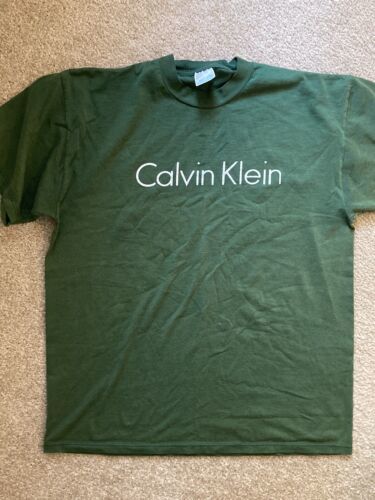 Vintage Cavin Klein logo spellout T shirt Jerzees Russell 50/50 Green Mens Lg 海外 即決