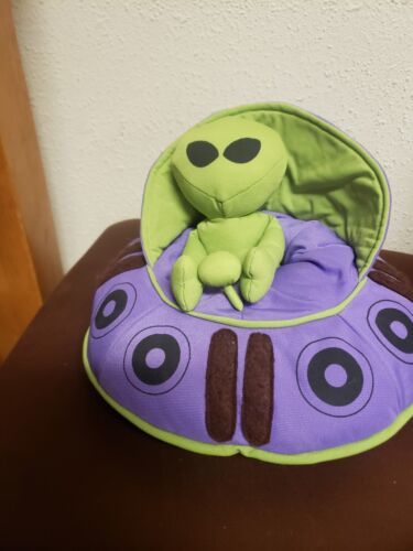 Green Alien Purple UFO Spaceship Plush Stuffed Toy Animal 10" x 7" Sugar Loaf 海外 即決