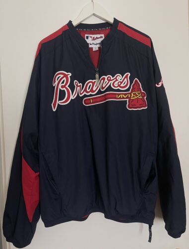 Majestic Atlanta Braves Pullover Warm Up Jacket MLB Baseball Embroidered Blue-XL 海外 即決