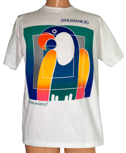Vtg Peter Mussfeldt Zihuatanejo Mexico Parrot T-shirt Large Single Stitch White 海外 即決