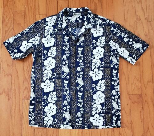 VINTAGE ALOHA REPUBLIC USA Mens Cotton Blue Hibiscus Hawaiian Shirt Size XL 海外 即決