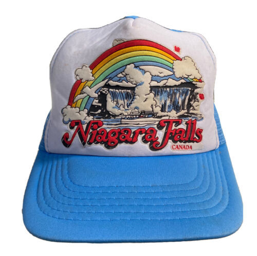 Vintage 80s Niagara Falls Canada Snapback Trucker Hat Rainbow Waterfall Blue 海外 即決