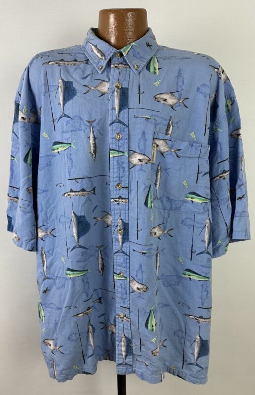 Vintage 90s Columbia Shirt Men 2XL Fish AOP Short Sleeve Saltwater Outdoors HOLE 海外 即決