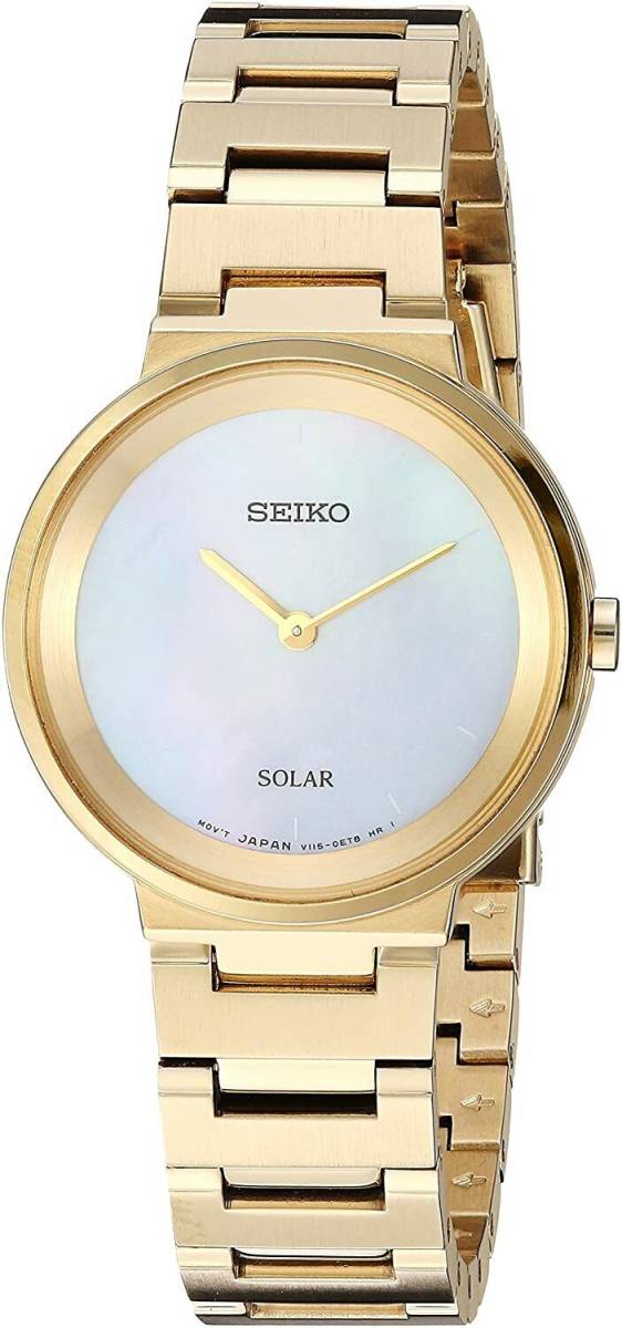 Seiko Solar SUP386 Gold Tone White MOP Dial Womens Dress Watch 海外 即決