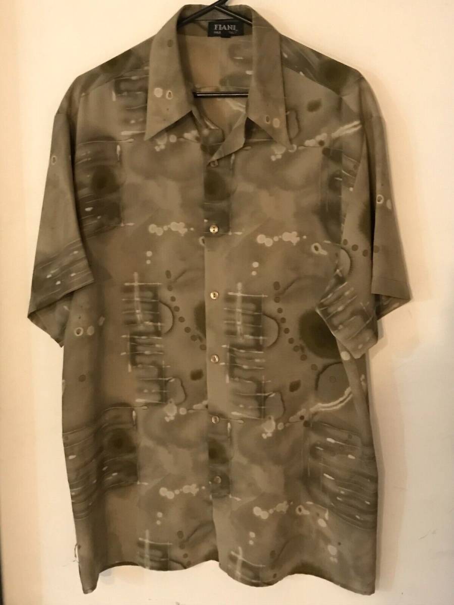 L FIANI Men's Vintage Olive Green Post Modern Hawaiian Shirt NEVER WORN 海外 即決