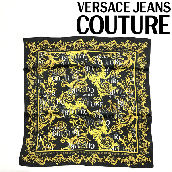 VERSACE JEANS COUTURE ベルサーチ ヴェルサーチェ スカーフ ロゴ バロッコプリント シルク ブラック 74HA7H01-ZG151-G89_画像1