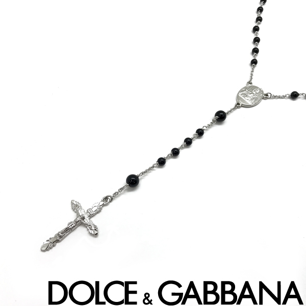 DOLCE&GABBANA ドルチェ＆ガッバーナ ブランド ネックレス クロス十字架 ロザリオ シルバー×ブラックパール WNG101-W0001-87655