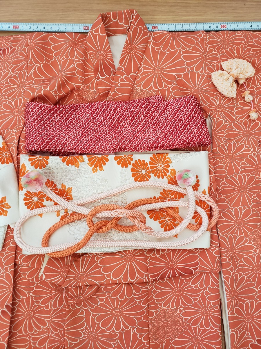 ◇未使用 市松人形用 振袖 一式 フルセット 菊 オレンジ 帯 帯締め