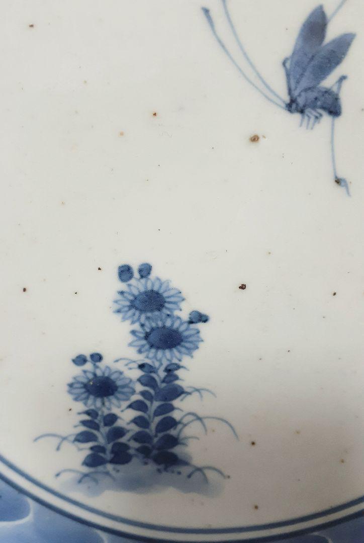 江戸時代中期 藍柿右衛門 波状文様に 花と蝶の図 20.7cm皿 陶芸