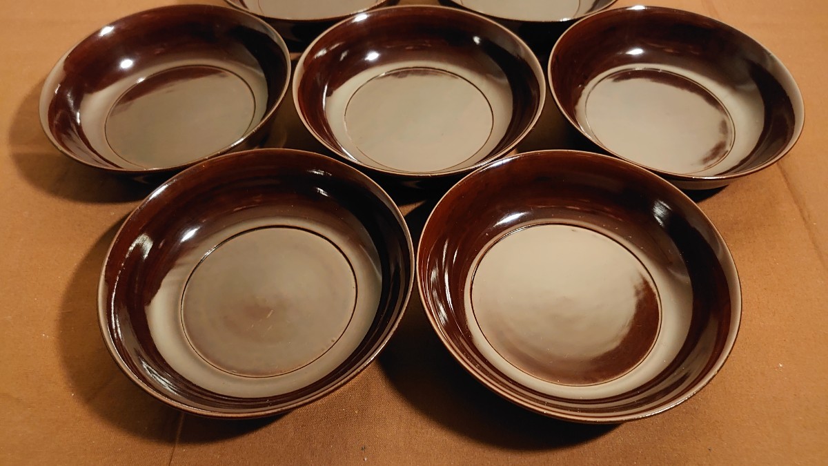輪島塗 漆器 菓子皿 豆皿 栗色 茶道具 アンティーク輪島塗 飾彫 7客