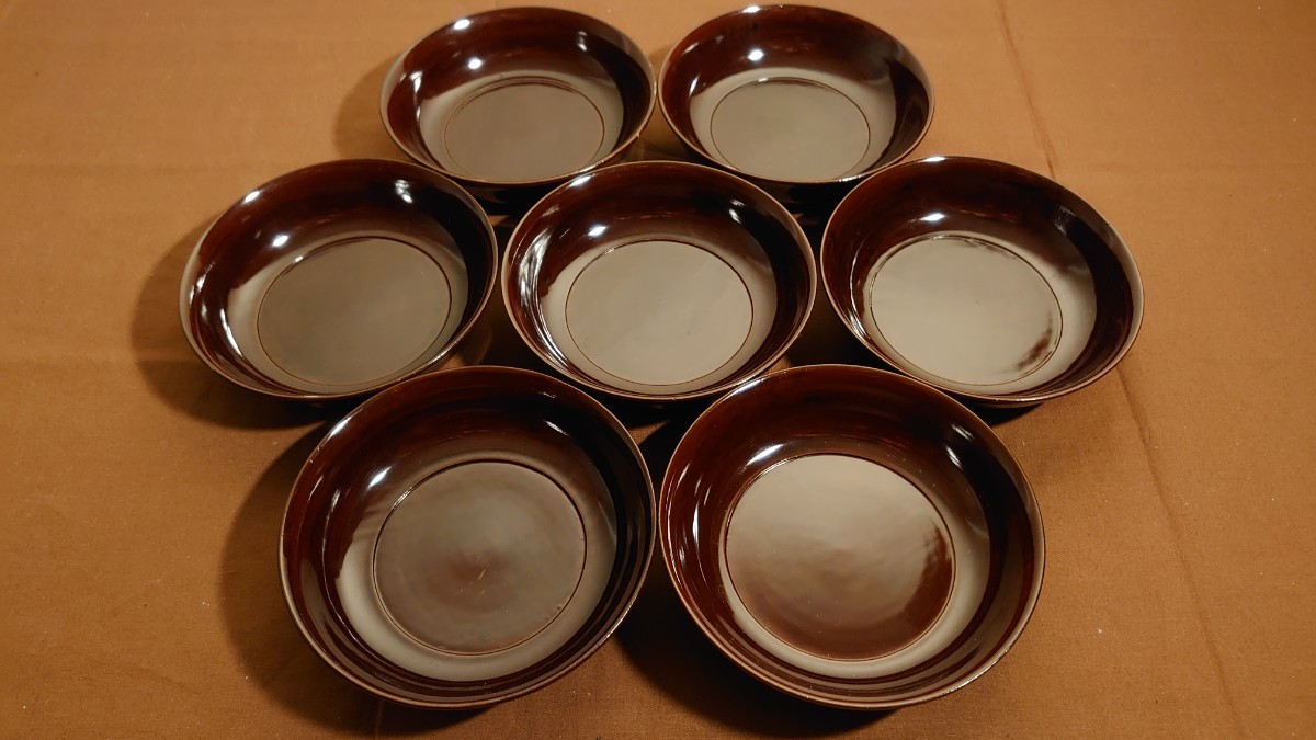 輪島塗 漆器 菓子皿 豆皿 栗色 茶道具 アンティーク輪島塗 飾彫 7客