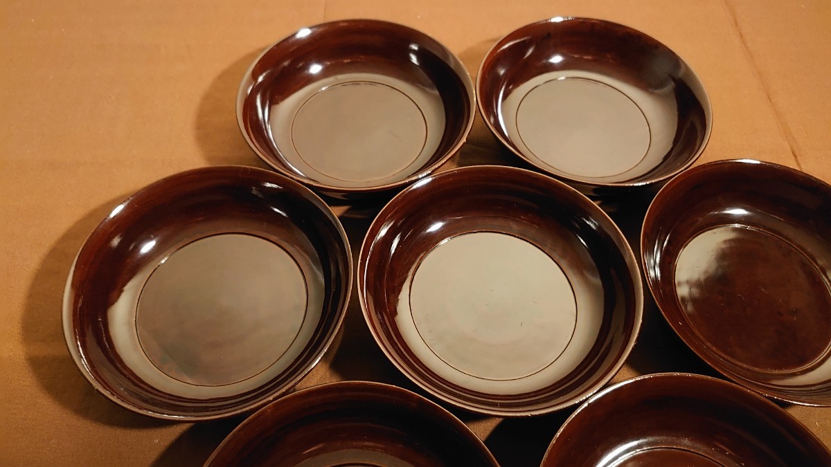 輪島塗 漆器 菓子皿 豆皿 栗色 茶道具 アンティーク輪島塗 飾彫 7客