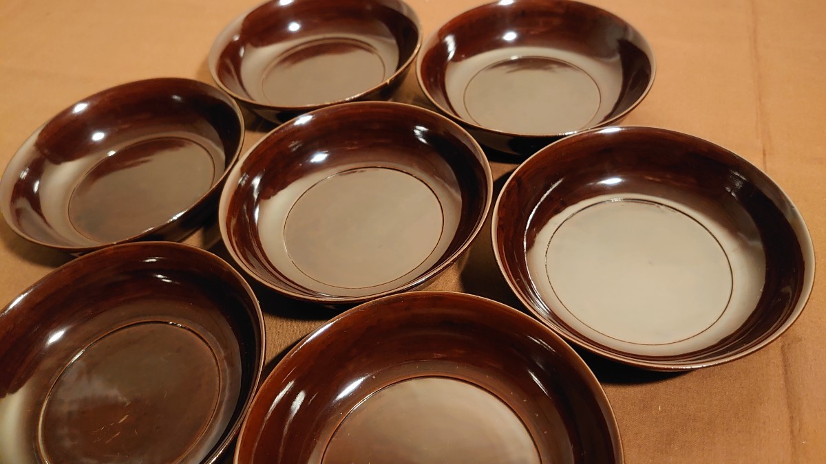 輪島塗 漆器 菓子皿 豆皿 栗色 茶道具 アンティーク輪島塗 飾彫 7客