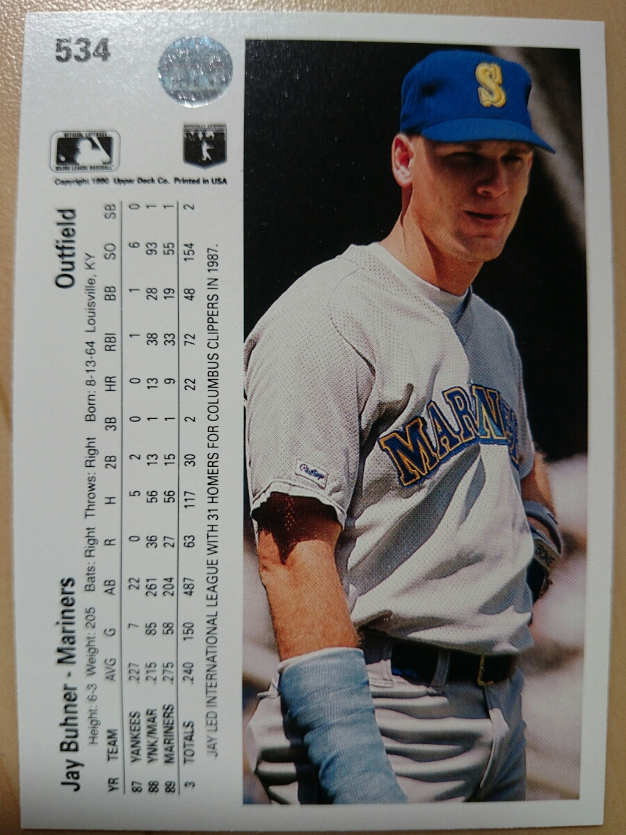 ★JAY BUHNER UPPER DECK UD 1990 #534 MLB メジャーリーグ SEATTLE MARINERS シアトル マリナーズ ジェイ ビューナー_画像2