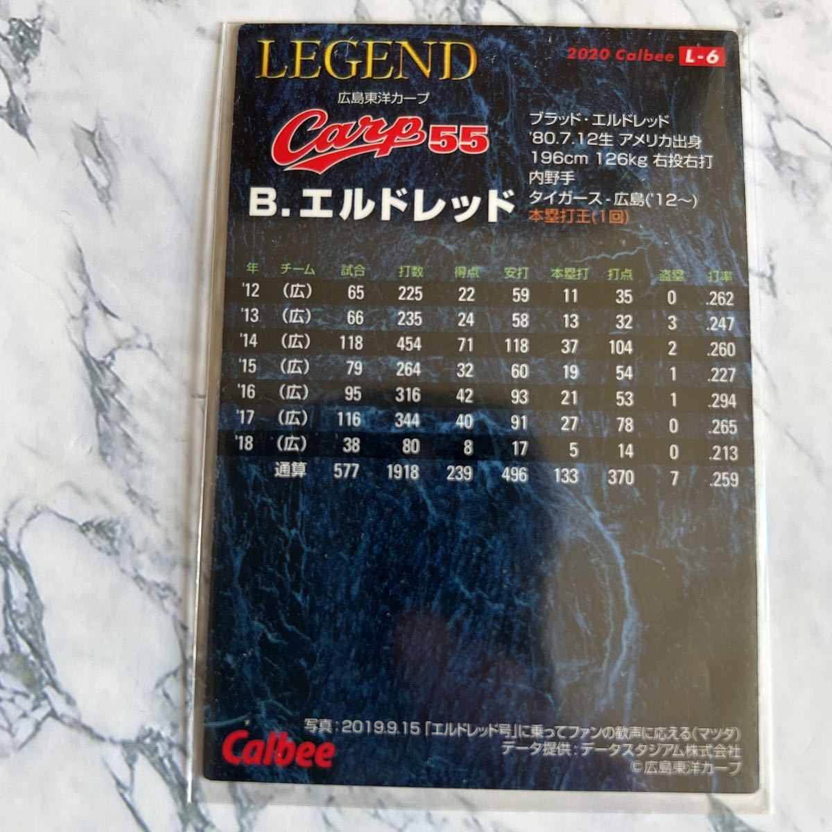 2020カルビー L-6 エルドレッド　金箔サインパラレル　legend 広島カープ_画像2