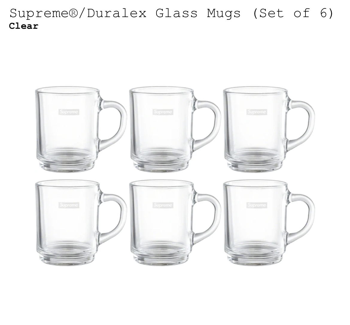 新品国内正規23ss Supreme Duralex Glass Mugs (Set of 6) Clear