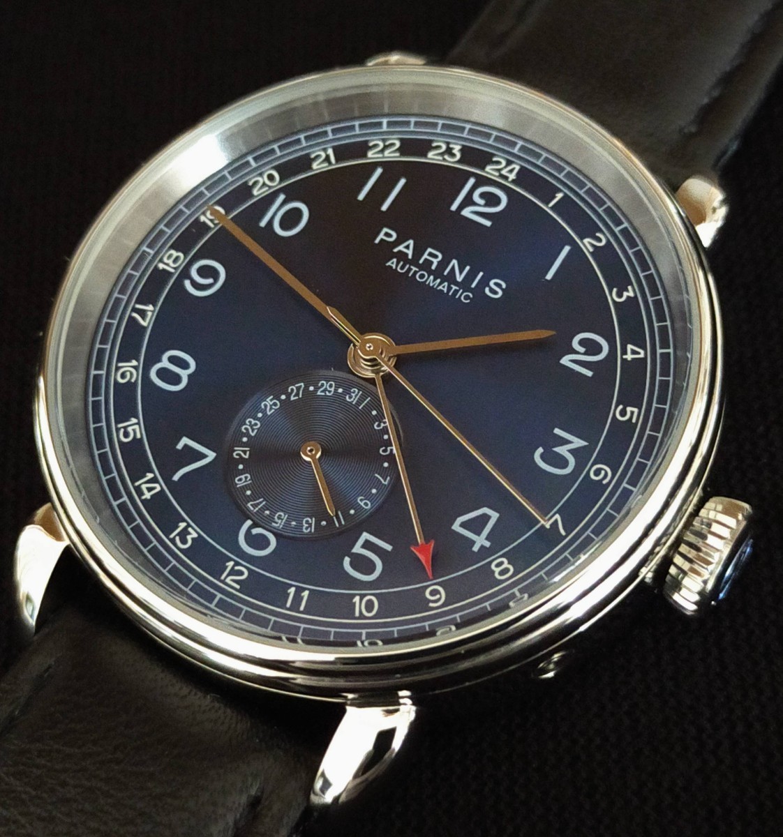 期間特価4000円引き中!!【seagull搭載!!新品】PARNIS GMT スクラッチプルーフミネラルクリスタル 裏スケ③サファイアブルー文字盤/黒本革