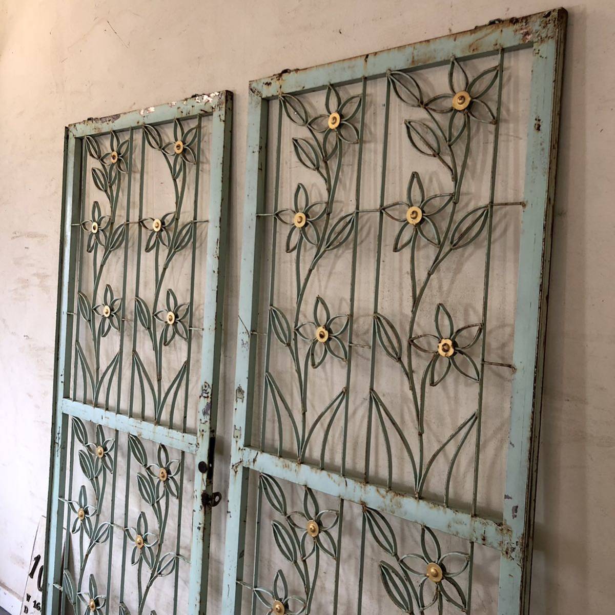 V-102 W164×H196 old iron made. both opening door 2 sheets set fittings double doors fence antique door in dust real divider partition ftg