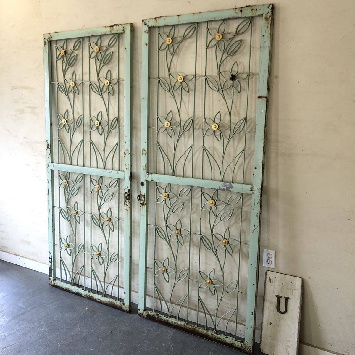 V-102 W164×H196 old iron made. both opening door 2 sheets set fittings double doors fence antique door in dust real divider partition ftg