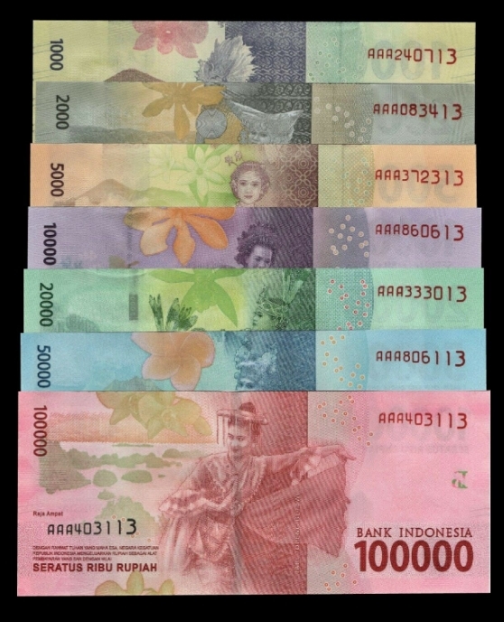 インドネシア 2016年~ 全7種 AAA券 First Issue 1000,2000,5000,10000,20000,50000,100000Rupiah 7種7枚 未使用＋＋