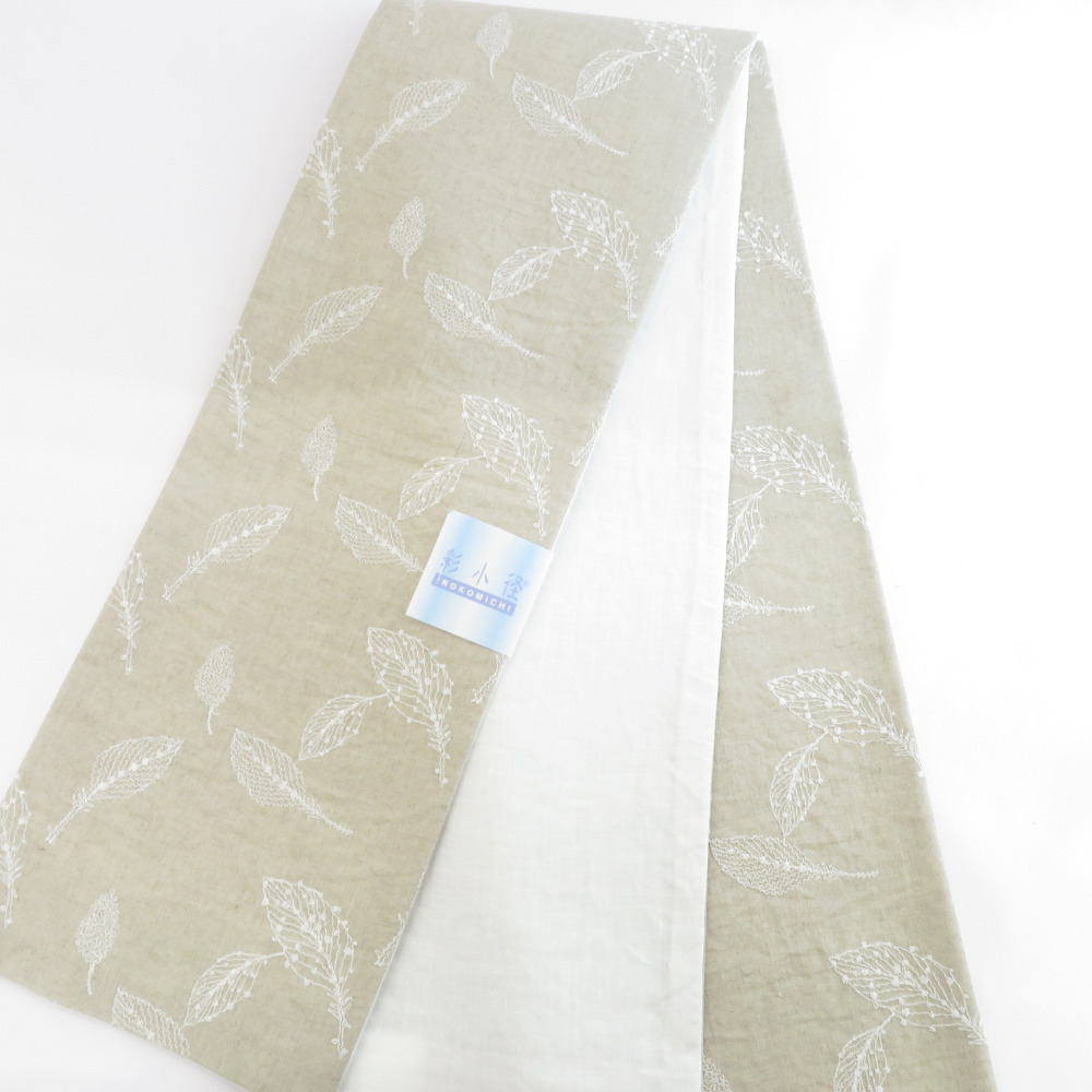  hanhaba obi half width obi small double-woven obi flax embroidery beige × white leaf leaf pattern small obi casual for fine pattern yukata brand new made in Japan length 400cm new goods 