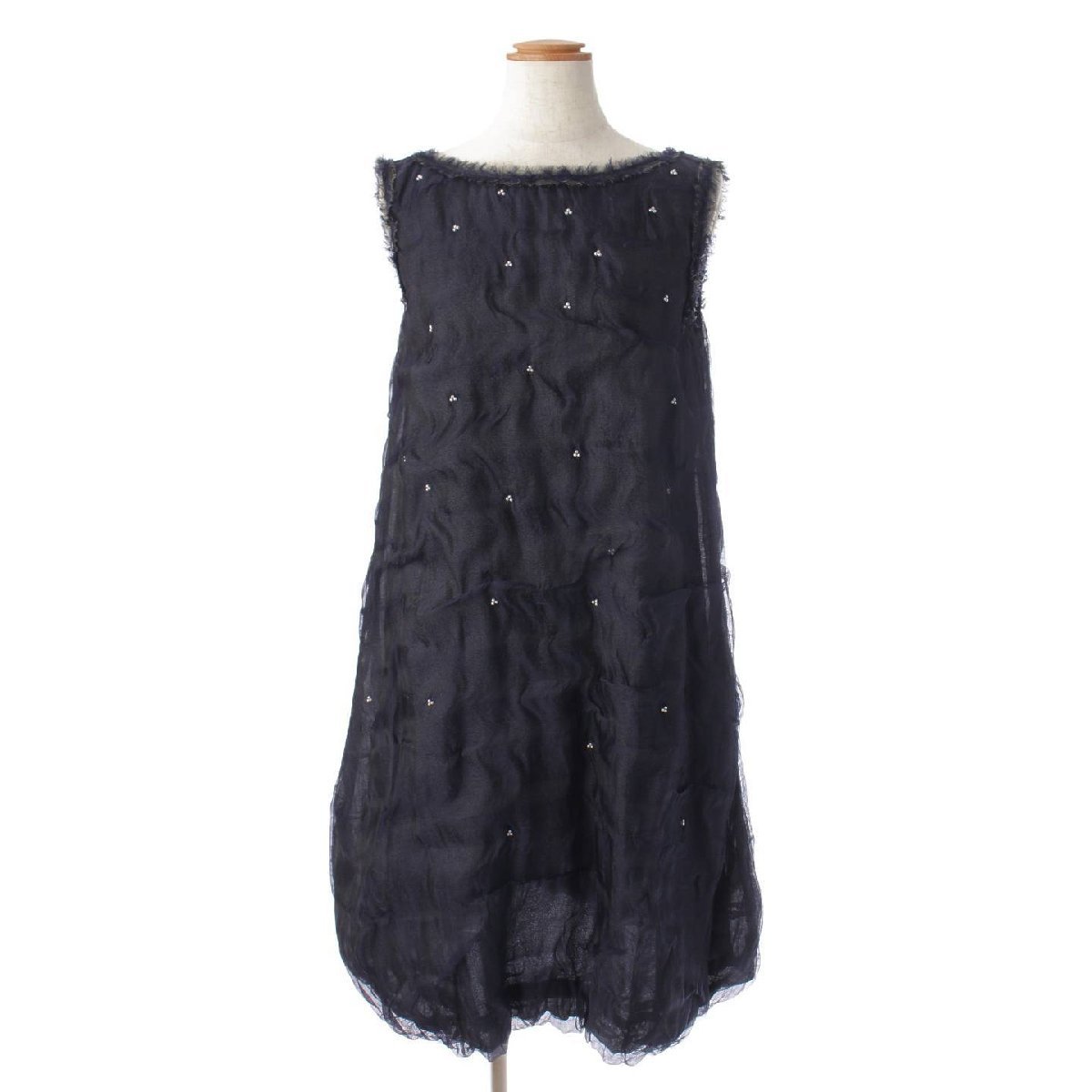 【フォクシー】Foxey　Dress Mirage シルク混 ノースリーブ ワンピース ドレス 41822 ネイビー 40 【中古】【正規品保証】178338_画像1