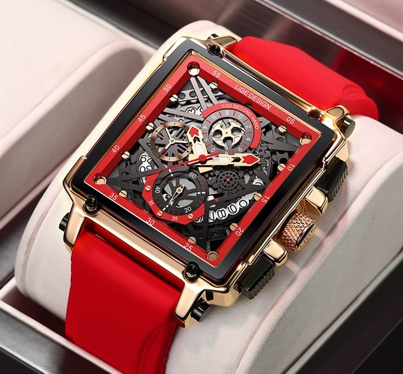 新品未使用★日本未入荷★LlGE高級メンズ腕時計 クロノグラフ 海外モデル 赤 バーバーリー ハミルトン バレンシアガ ファンに人気 防水
