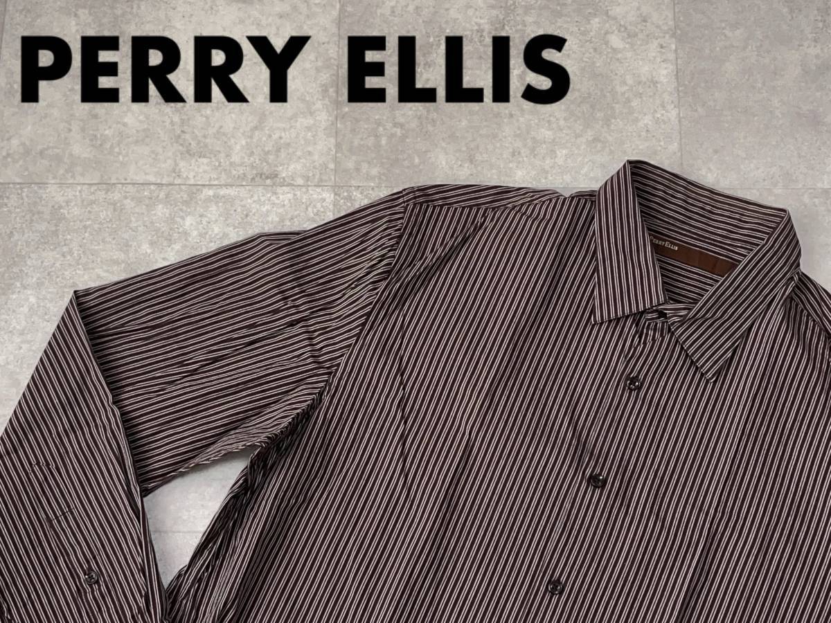 ☆送料無料☆ PERRY ELLIS ペリーエリス USA直輸入 古着 長袖 ストライプ シャツ メンズ XL ブラウン トップス 中古 即決_画像1