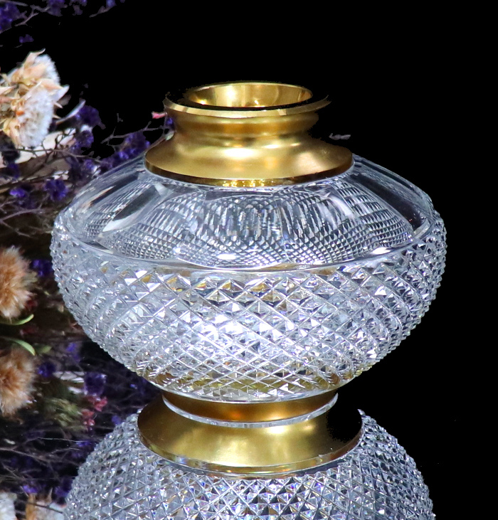 オールド・バカラ (BACCARAT) 1900年 大型 約1kg 金彩 花瓶 ディアマン・ビゾー ゴールド アンティーク 切子 ダイヤモンド 斜角 ギヤマン