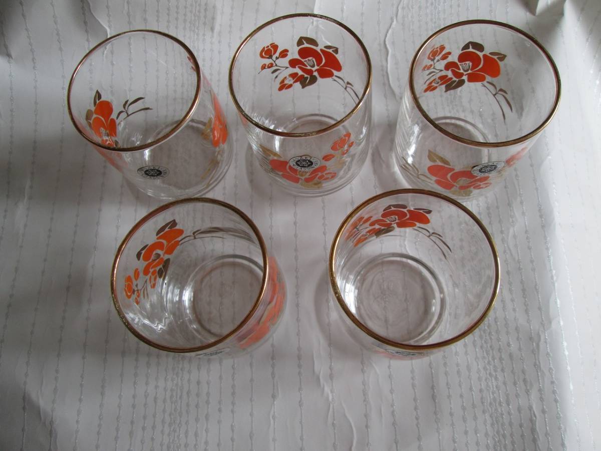 SASAKI　GLASS　WARE　佐々木硝子　レトロな花柄グラス　５個　金彩オレンジ_画像2