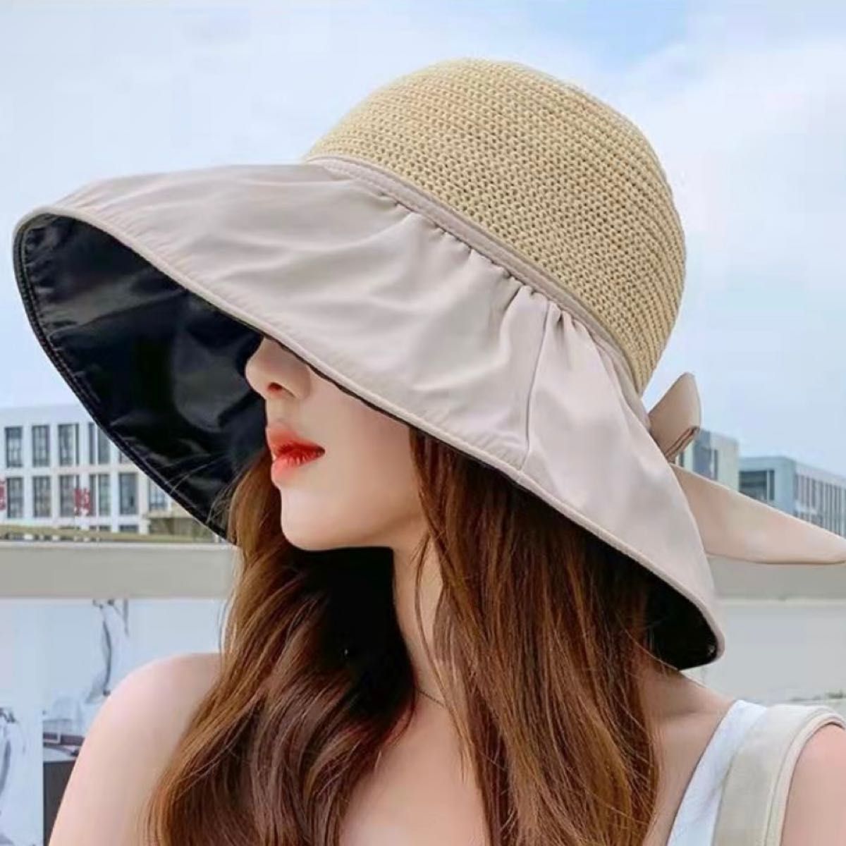 麦わら帽子 つば広 UVカット 紐付き ストローハット 女優帽 ブラック 韓国