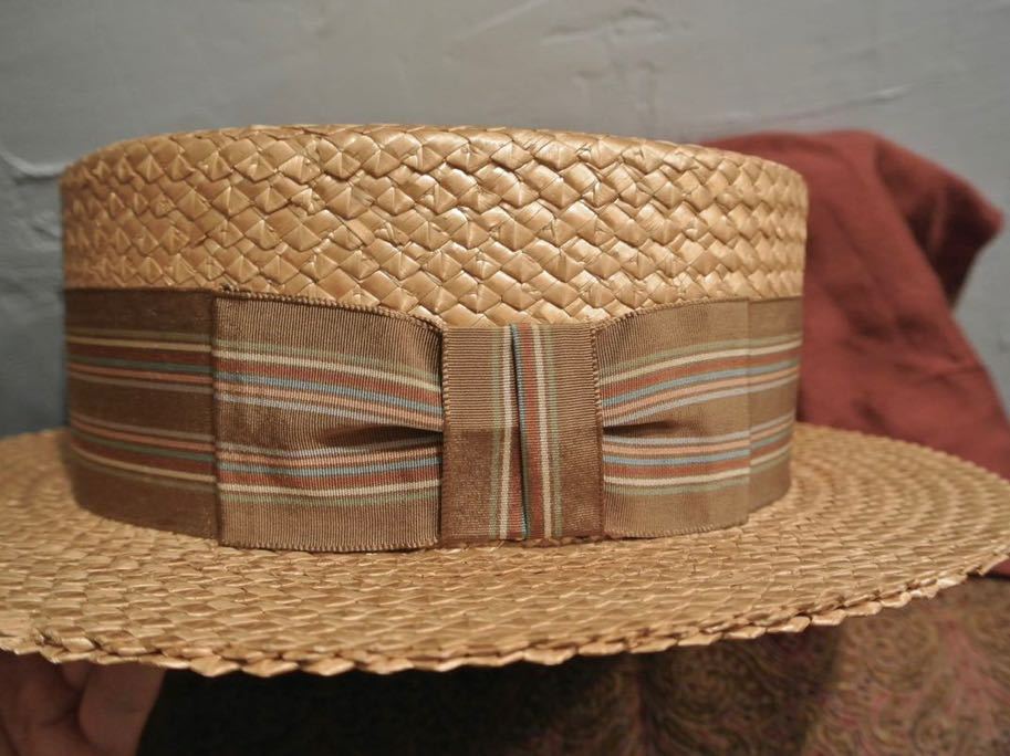 Vintage dobbs boaterhat 7 1/8 Vintage dobsbo-ta- шляпа канотье полоса Brown 57cm ste tosonstetson соломинка пшеница .. шапочка 