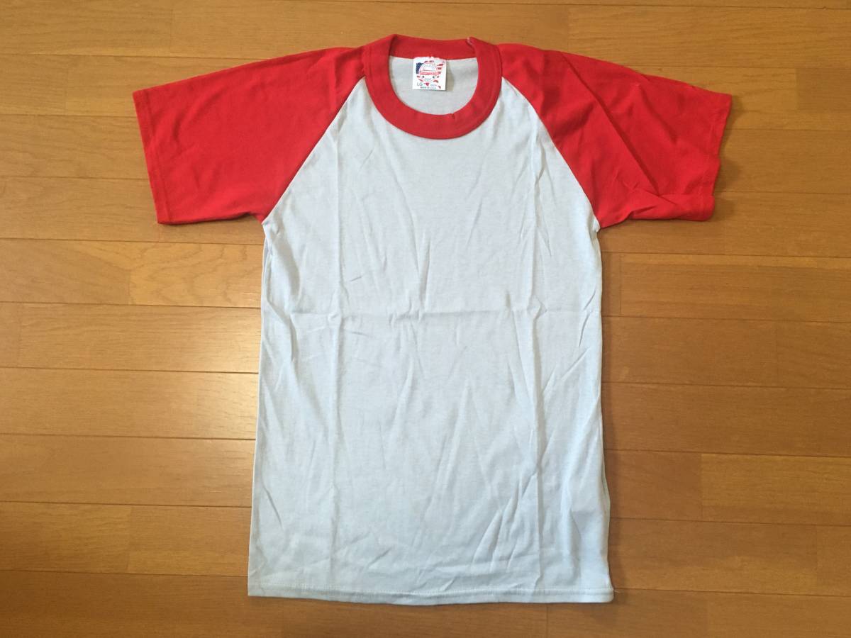 デッドストック 90s Merrygarden ラグラン 半袖 Tシャツ 赤 グレー S位 MADE IN USA 無地 中古 メリーガーデン ビンテージ 90年代 米国製_画像1