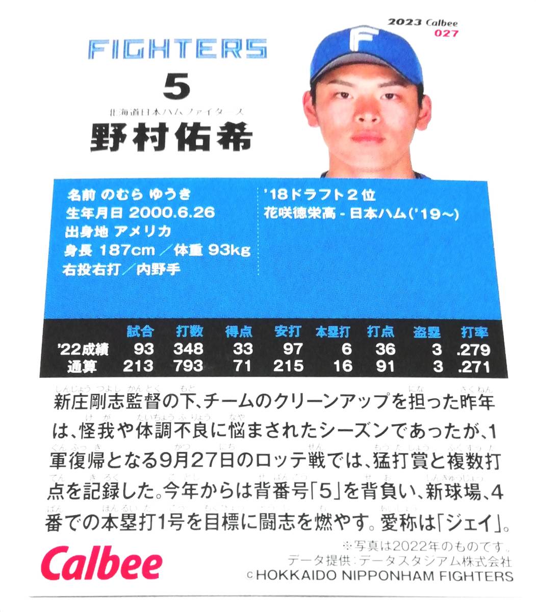 2023 第1弾 野村佑希 日本ハムファイターズ レギュラーカード