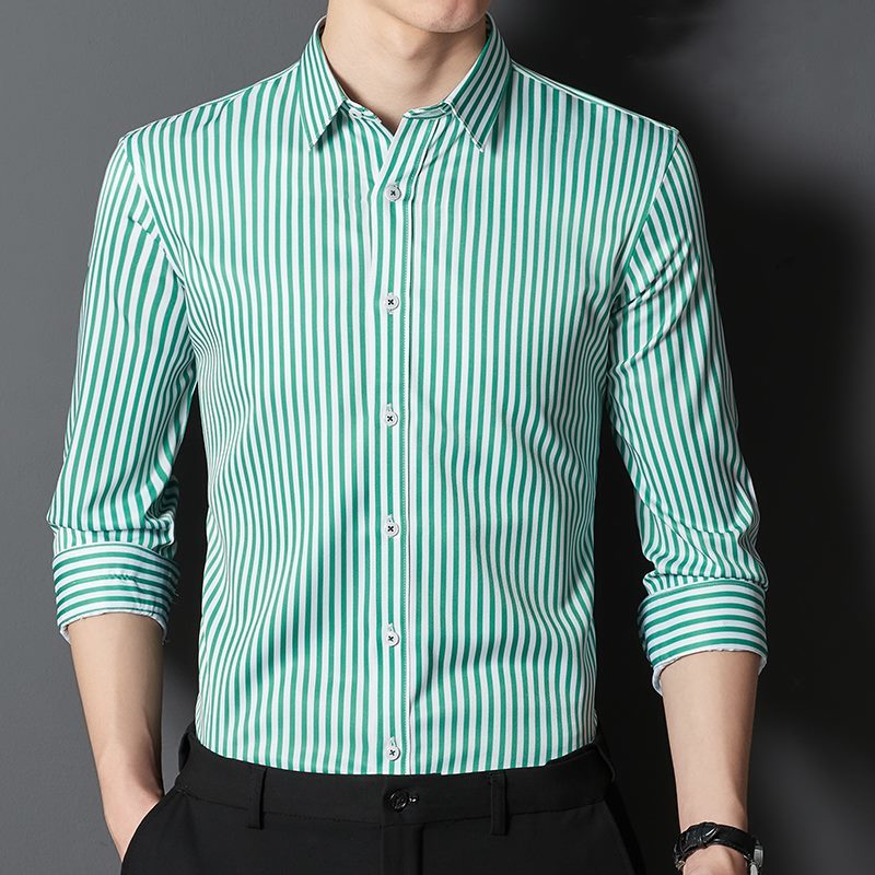 P232-2XL新品DCKMANY■ストライプシャツ メンズ 長袖 ワイシャツノーアイロン 形態安定 ビジネスシャツ シルクのような質感/ダークグリーン_画像2