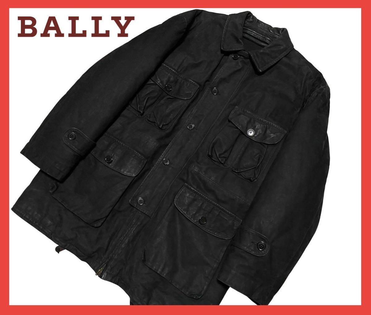 ★イタリア製★ BALLY バリー 本革 レザー 中綿入り 肉厚 ライナー付 ステンカラー コート ジャケット ブルゾン アウター 黒 48 ビンテージ_画像1