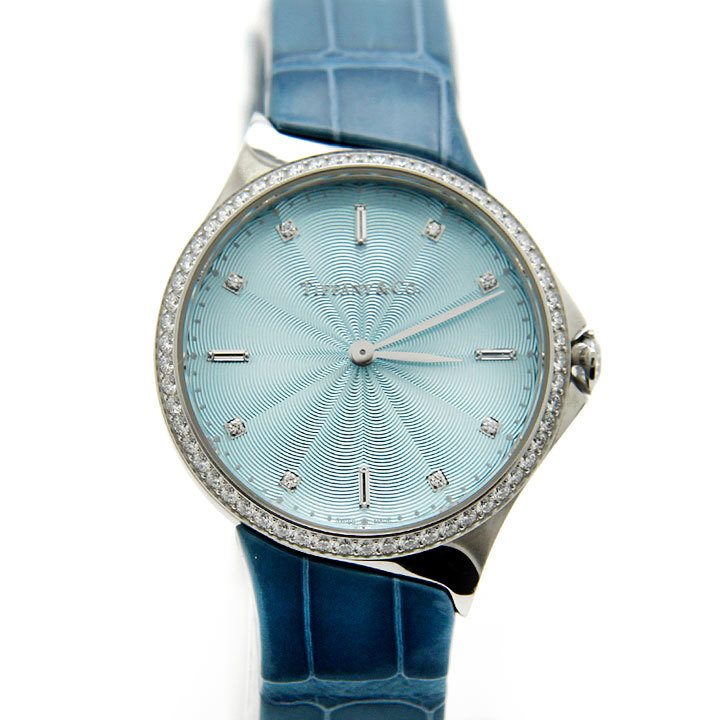  used beautiful goods Tiffany TIFFANY&Co. wristwatch me Toro 60874859 ice blue diamond bezel lady's quartz leather belt TiffanyMetro