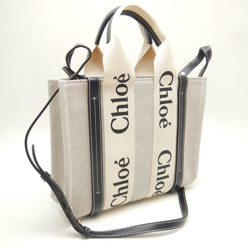 クロエ Chloe ウッディスモールトートバッグ CHC21WS39 トートバッグ キャンバス × カーフ ホワイト ネイビー / 250412【中古】_画像2