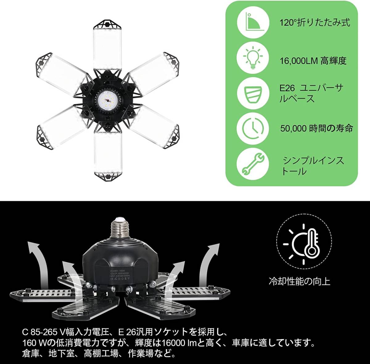 【2個だけで充分】作業灯 省エネ ペンダントライト ガレージライト 160W 16000LM 6500K 天井照明 折りたたみ式 工事不要 角度調節