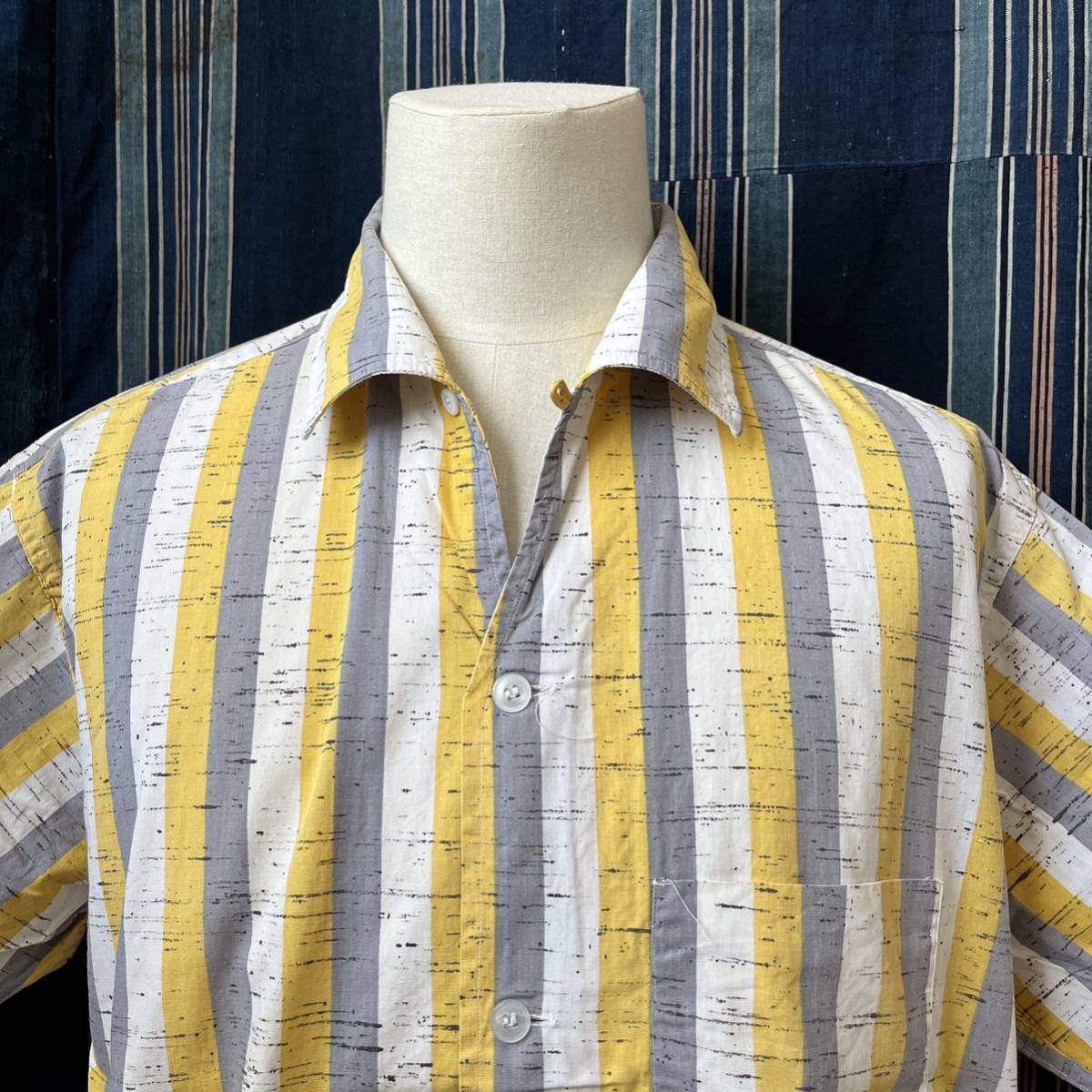 第一ネット 50s 60s nevele stripe printed half sleeve shirt 50年代 60年代 総柄 コットン シャツ 開襟 アメリカ製 カスリ Lサイズ