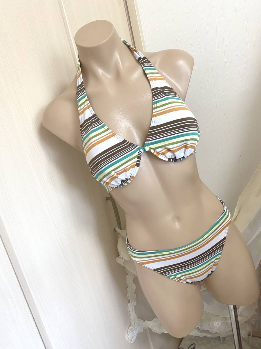 * Lady's swimsuit 9M* Yamato ya[T&C]tau can * wire bikini : tea orange green yellow color border pattern 
