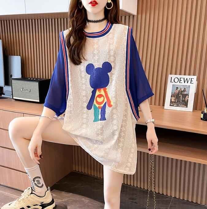 セール 半袖Tシャツ ロング丈 クマ 韓国ファッション レディース XL ブルー