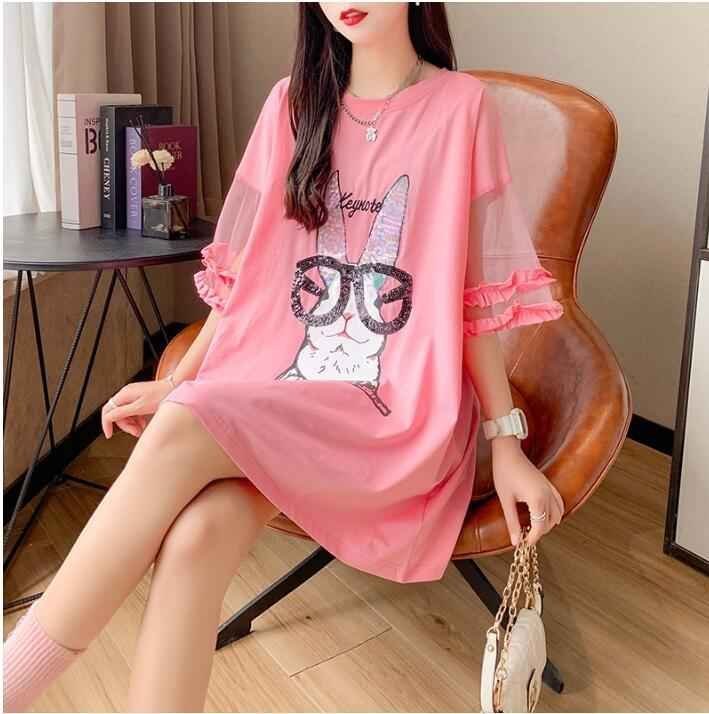 韓国風 女夏新しい 大きいサイズ半袖Tシャツ 気質ファッションTシャツ 学生Tシャツ 2XL ピンク