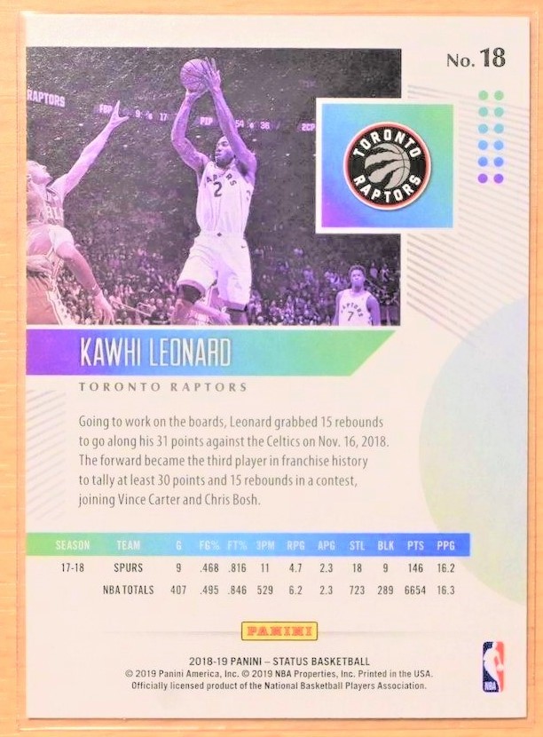 KAWHI LEONARD (カワイ・レナード) 2018-19 STATUS トレーディングカード 【NBA,RAPTORS,トロントラプターズ】_画像3