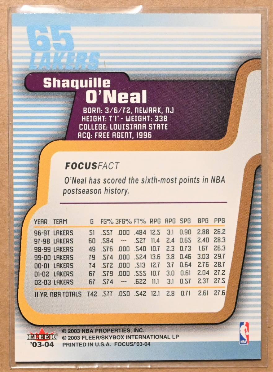 Shaquille O'Neal (シャキール・オニール) 2003 FLEER FOCUS トレーディングカード 65 【NBA レイカーズ LA LAKERS】の画像2