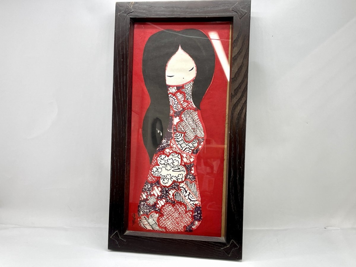 50%OFF 石原日出男 和装の女性 肉筆画 額装 和紙 水彩画 創作こけし絵[17590 こけし